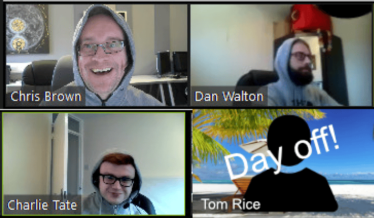 Three men in hoodies on a video call; one participant has a "Day off!" beach background.