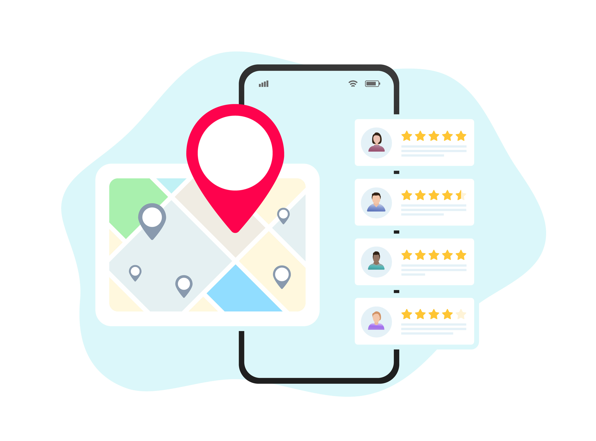 Illustration of a map with a location pin, a smartphone, and user reviews with star ratings.