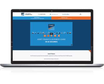 Laptop displaying a website for asset finance and business loans with a blue and white color scheme.