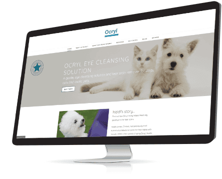 Computer monitor displaying a website about Ocryl eye cleansing solution for dogs and cats.