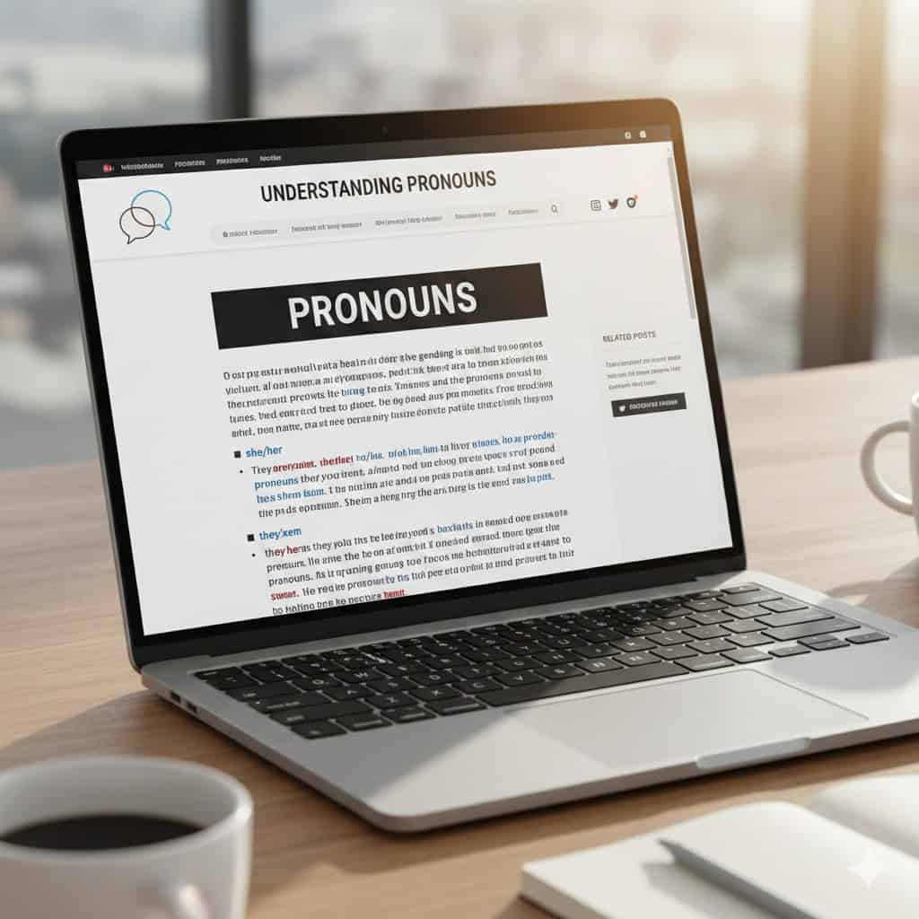 Laptop on desk displaying an article titled "UNDERSTANDING PRONOUNS," with coffee cups nearby.